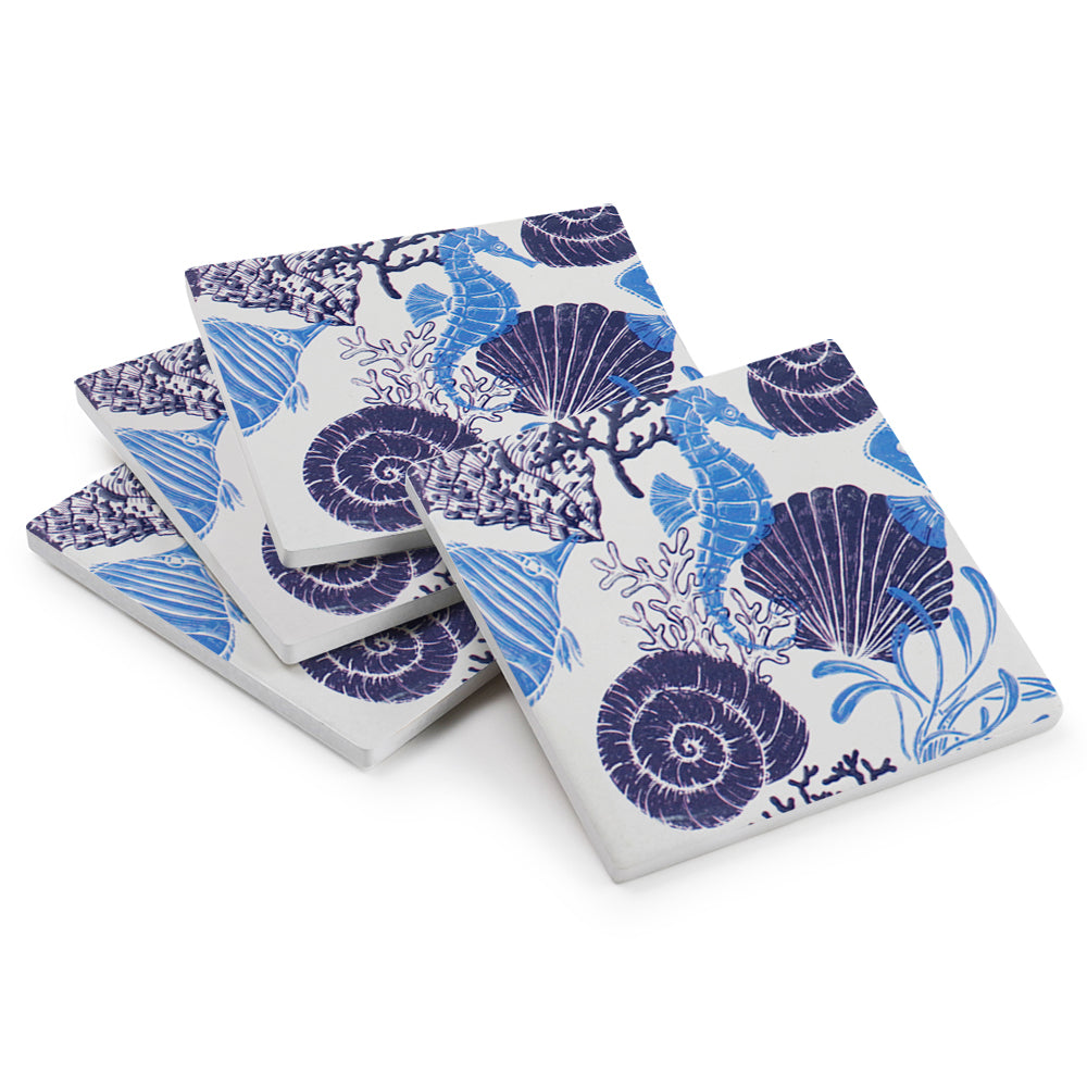 Ceramic Coasters Blue Sea Horse | Set of 4
