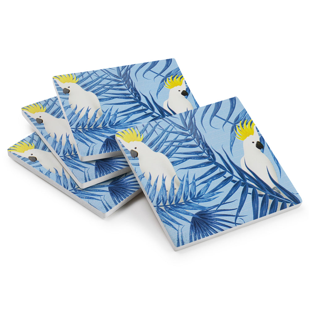 Ceramic Coasters Cockatoo Blue Leaves | Set of 4